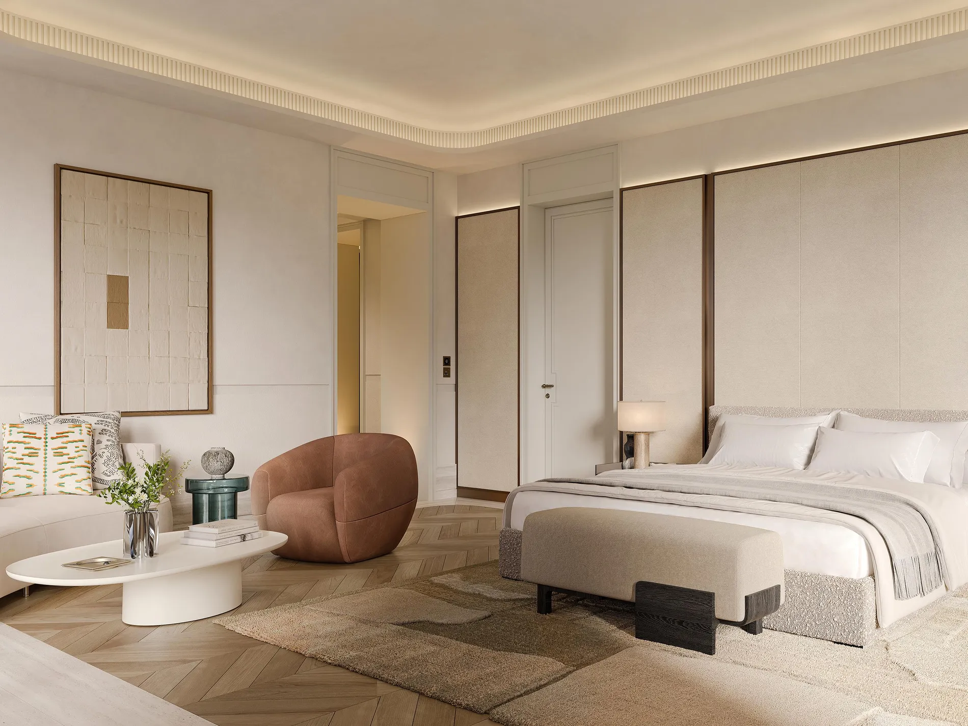 Primary bedroom with wood accents — The Carlyle Residences Dubai