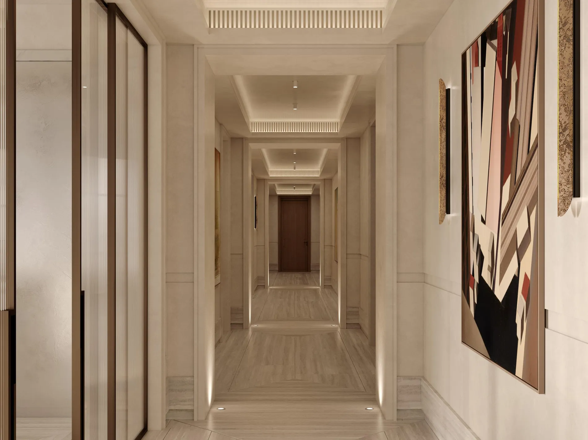 Residence corridor in travertine and bronze — The Carlyle Residences Dubai