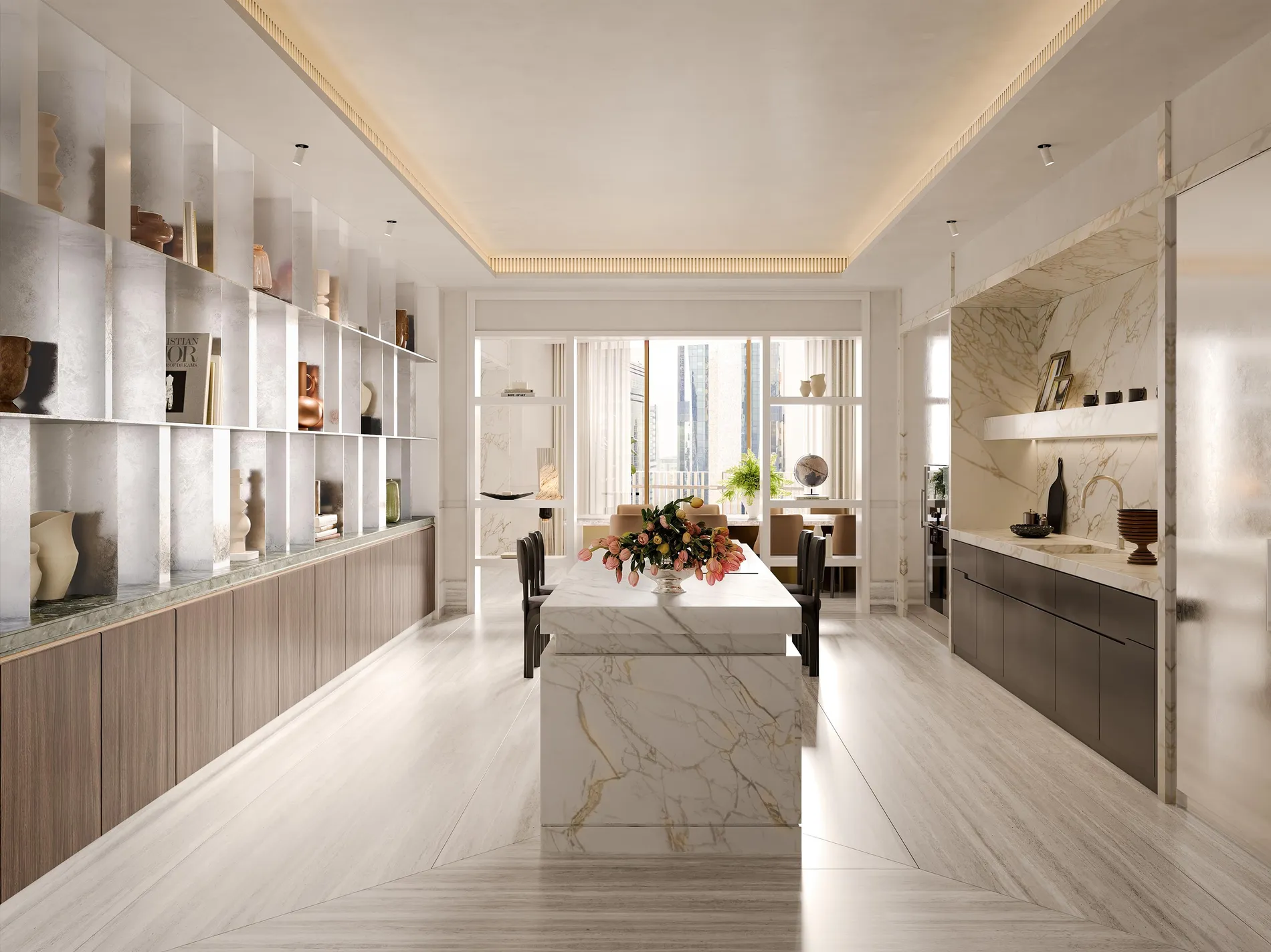 Open kitchen with a monolithic marble island — Carlyle Residences Dubai